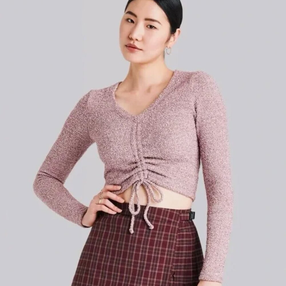 Wild Fable Long Sleeve V-Neck Cinch Front Crop Sweater Mauve